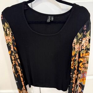 Anthropologie Black Top with Floral Sleeves